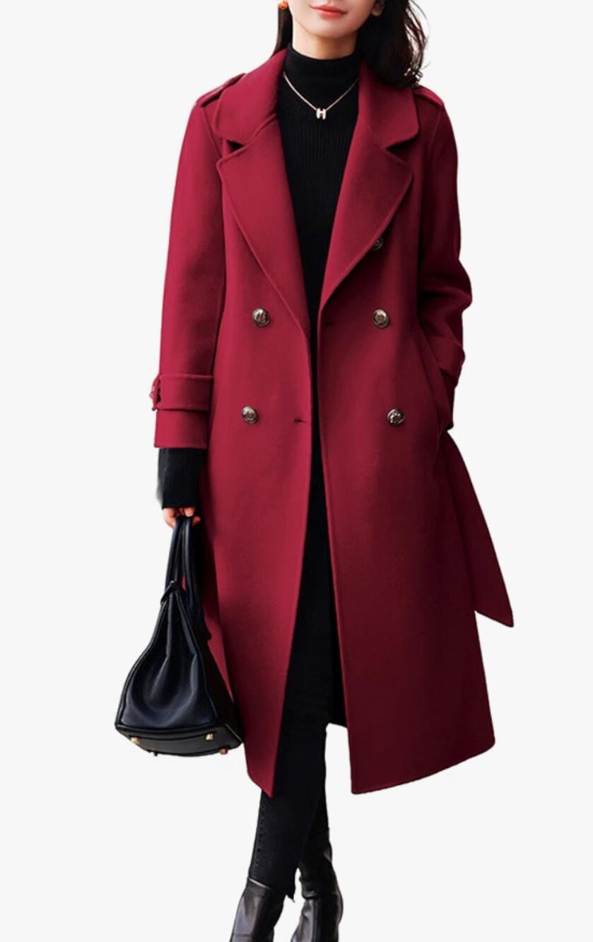 Winter Belted Wool Coat Double Breasted Midi Long Casual Trench Dressy Peacoat